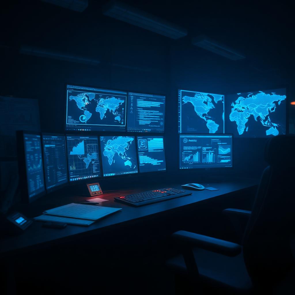 Cinematic dark research desk with glowing blue data screens and world maps